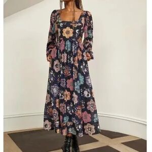 La Ligne Maria Patchwork Floral Print Midi Dress with Pockets Sz M